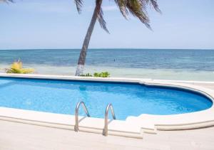 a swimming pool next to the ocean with palm trees at Flamingo Paradise Front by Cielo Maya in Cancún