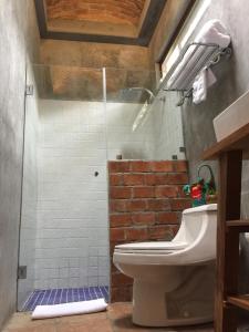a bathroom with a toilet and a glass shower at VillaHermosa B&B in San Carlos +37 photos