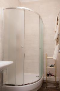 a shower with a glass door in a bathroom at Vysotnik Hotel in Chelyabinsk