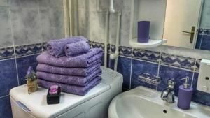 a bathroom with purple towels on top of a toilet at KOP Centar Aviator in Kopaonik +50 photos