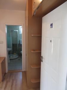 a bathroom with a shower and a toilet and a door at Bisa in Soko Banja