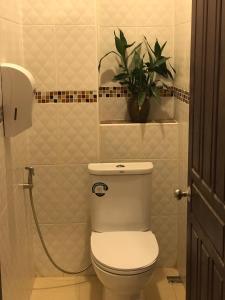 a bathroom with a toilet and a potted plant at Sanga Hostel in Pakse