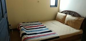 a bed with a striped blanket on it in a room at Dieng Plateau Guest House in Diyeng