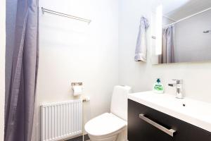 La salle de bains est pourvue de toilettes, d'un lavabo et d'un miroir. dans l'établissement Bronx in the Centre of Tórshavn, à Tórshavn
