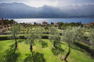 eine Luftansicht auf einen Park mit Bäumen und einem See in der Unterkunft Hotel Caravel in Limone sul Garda