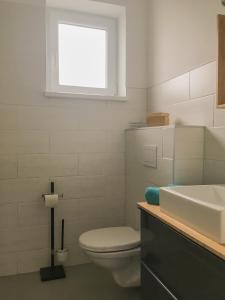 a bathroom with a toilet and a sink and a window at Haus-Iris-Mauerbach in Mauerbach