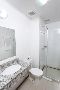 e bagno con servizi igienici, lavandino e doccia. di Hotel Express Centro Histórico a Porto Alegre