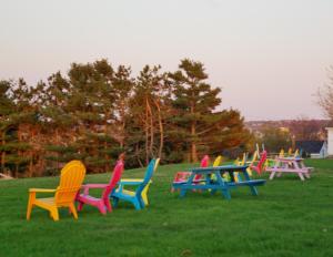 a row of colorful chairs sitting in the grass at Tidal Bore Inn in Truro