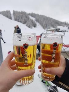 dos personas están sosteniendo vasos de cerveza en Chez Angie et Fanny - Résidence l'Horizon Blanc, en La Joue du Loup