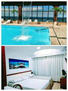two pictures of a swimming pool with a fountain at Flat Pasárgada 812, Free Bikes, pé na praia in Vila Velha