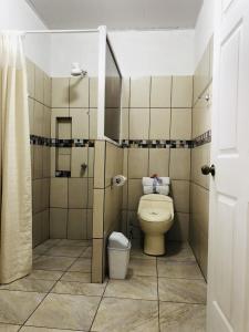 een badkamer met een toilet en een douche bij Hotel Andrea in Neily