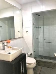 a bathroom with a toilet and a sink and a shower at Apto en SAI a metros de la playa - DASH Vacaciones in San Andrés