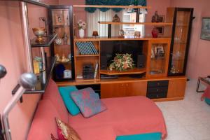 uma sala de estar com um sofá vermelho e uma televisão em 3 Brothers - Διαμέρισμα στο κέντρο των Τρικάλων em Tríkala