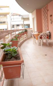 トリカラにある3 Brothers - Διαμέρισμα στο κέντρο των Τρικάλωνの鉢植えの植物、テーブルと椅子付きのバルコニー