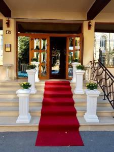 a red carpet on the steps of a building at Hotel Corneliuss in Galaţi