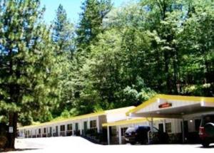 a building with a car parked in a parking lot at Golden Chain Motel in Grass Valley