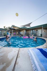 a group of people playing with a frisbee in a swimming pool at 7th Street Motel in Mildura