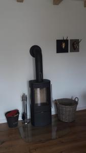 プットブスにあるHof Vilmnitz Haus Aのウッドフロアの客室内の黒い暖炉