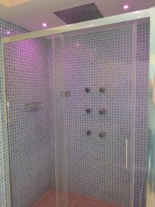 ein Bad mit einer Dusche und rosafarbenen Fliesen in der Unterkunft Aparthotel Villa Marinù in Ischia