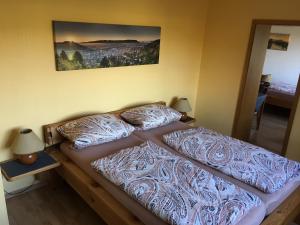 Llit o llits en una habitació de Ferienwohnung Saaletalblick