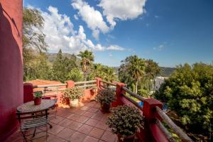 einen Balkon mit einem Tisch und Topfpflanzen in der Unterkunft Villa Pájaro en Tarifa con vistas a ÁFRICA in El Bujeo