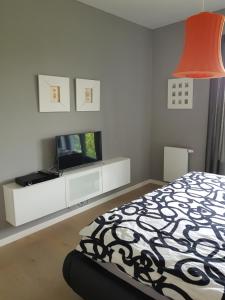 sypialnia z łóżkiem i telewizorem na białej szafce w obiekcie Praha Karibik w Pradze