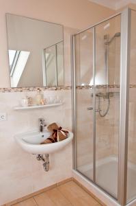 a bathroom with a sink and a shower at Pension Weindl in Notzing