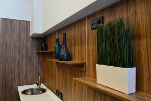 baño con lavabo y planta en la pared en Hotel Alda Estación Ourense, en Ourense