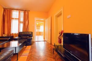 uma sala de estar com um sofá e uma televisão de ecrã plano em Apartment Sofija em Niš