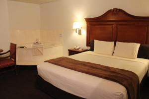 una camera d'albergo con un grande letto e un telefono di Dodge House Hotel a Dodge City