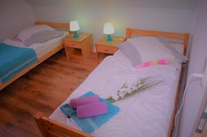 two twin beds in a room with two lamps at Ferienhaus Feuerstein in Elend