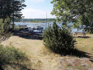 un grupo de mesas de picnic junto a un lago en Smelyan en Älvkarleby