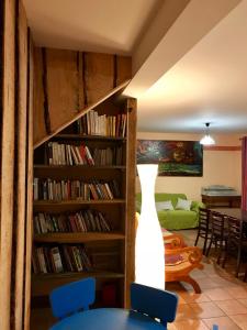 a living room with a book shelf filled with books at Chambres d'Hôtes La Téouleyre in Saint-Julien-en-Born