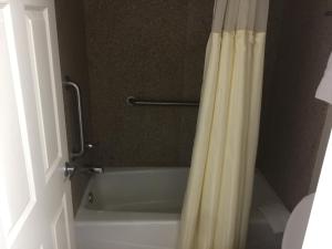 e bagno con tenda doccia e vasca. di Portal Motel a Lone Pine