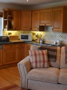a living room with a couch in a kitchen at Snowdrop cottage @ Ty-llwyd in Treffynnon 