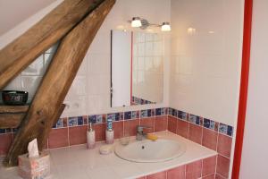 een badkamer met een wastafel en een spiegel bij Chambres d'hôtes de la Fontaine in Beauchery