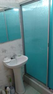 ein Bad mit einem Waschbecken und einer Glasdusche in der Unterkunft cabañas sector peñuelas in Coquimbo