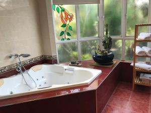 a bathroom with a tub and a sink and a window at Taj on Byrnes - Private Luxury Apartment Mareeba in Mareeba