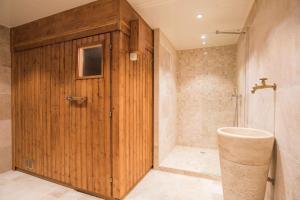 Un baño con ducha y puerta de madera. en Best Western Sévan Parc Hôtel, en Pertuis