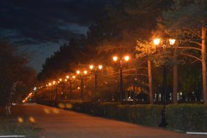 a city street at night with lights on at Gostinitsa Victoriya in Orenburg