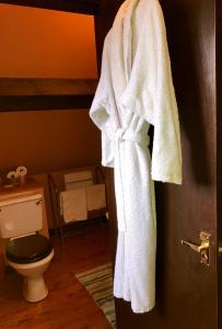 a white towel hanging on the door of a bathroom at Shirley Lane in Ashbourne