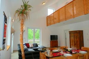 a living room with a couch and a palm tree at Otterhaus in Trippstadt