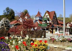 um grupo de flores em frente a um edifício em Black Forest Bed & Breakfast em Helen