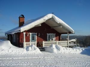 a house covered in snow with a roof at Panoramaboende in Torsby