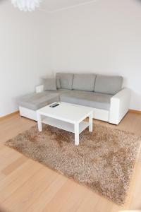 ein Wohnzimmer mit einem Sofa und einem Couchtisch in der Unterkunft Quiet & Modern Downtown 1BR, near Bus Station & Airport in Tallinn