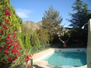 a swimming pool in a garden with mountains in the background at Cabañas Valle San Miguel in Chilecito