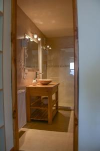 a bathroom with a sink and a shower at ALEHUE Casa de Montaña in Villa La Angostura