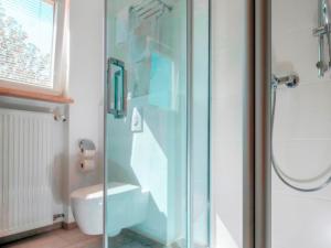 a bathroom with a glass shower with a toilet at Gartenhotel Salzach in Burghausen