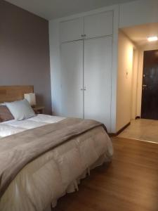 1 dormitorio con 1 cama grande y armario blanco en Departamentos Patagonia en San Carlos de Bariloche