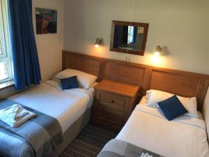 a bedroom with two beds and a mirror on the wall at Manor House Marine & Cottages in Irvinestown